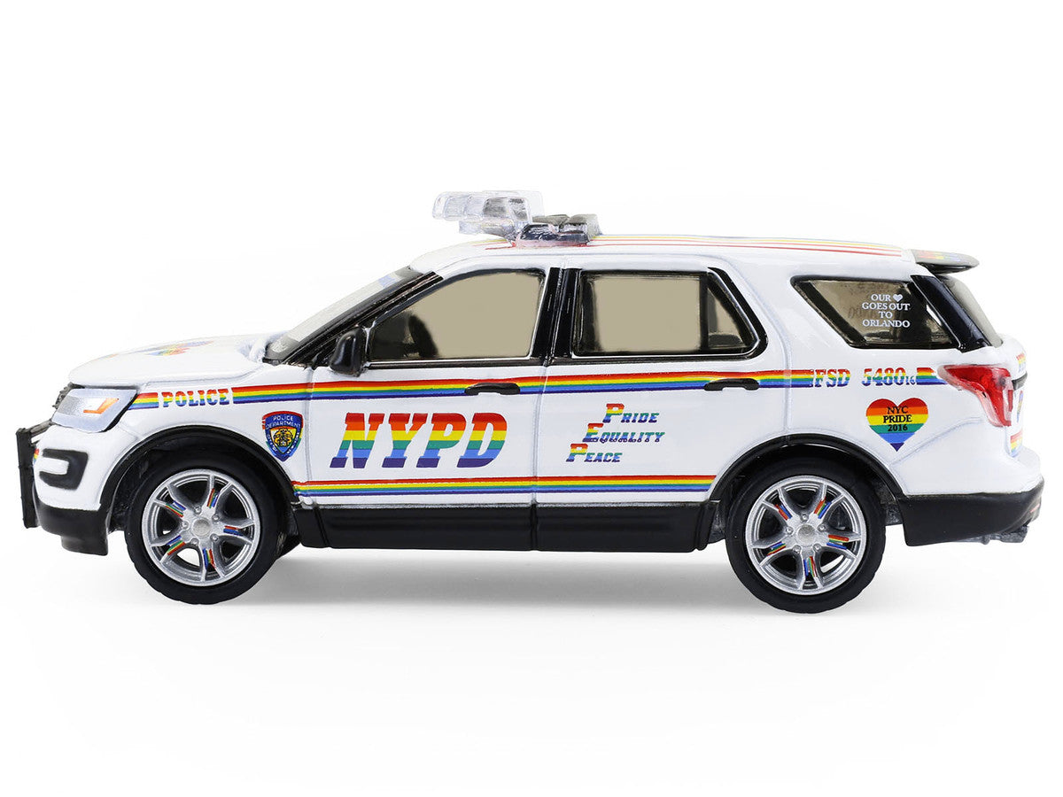 2016 Ford Police Interceptor Utility "New York Police Department (NYPD) Pride Livery" White with Rainbow Stripes "Hot Pursuit" Series 47 1/64 Diecast Model Car by Greenlight
